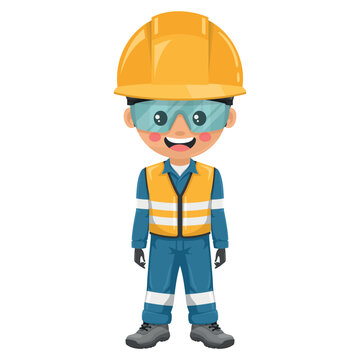 Industrial engineer dressed in reflective safety vest, blue coverall, helmet, safety glasses and gloves. Safety first. Personal protective equipment. Industrial safety and occupational health at work