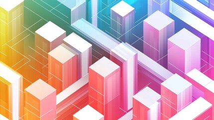 Colorful Abstract Cityscape with Geometric Skyscrapers and Rainbow Gradient Background