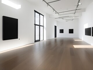 The interior of a modern, empty gallery features mockups on black walls, wooden floors, and daylight-filled windows.