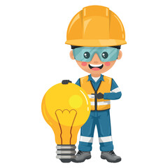 Industrial engineer dressed in reflective safety vest, blue coverall, helmet, safety glasses and gloves with a giant light bulb.Creative idea symbol. Industrial safety and occupational health at work
