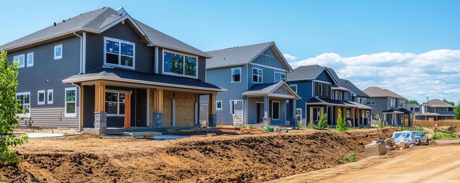 Suburban home construction, family moving in, modern design, community life, new beginnings