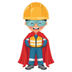 Industrial engineer hero wearing his superhero cape. Represents the ingenuity, strength, and problem solving prowess of engineers. Safety first. Industrial safety and occupational health at work