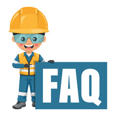 Industrial engineer worker with sign FAQ letters. Frequently asked questions. Engineer with his coverall and personal protective equipment. Industrial safety and occupational health at work