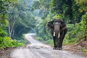 Fototapeta premium Young Asian elephants with yellow tusks walk in Khao Yai forest for food