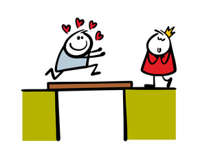 Doodle man in love overcomes difficulties and runs across the bridge with his arms outstretched. Vector illustration of a princess waiting for the groom. A cartoon man and a woman meet on the shore.