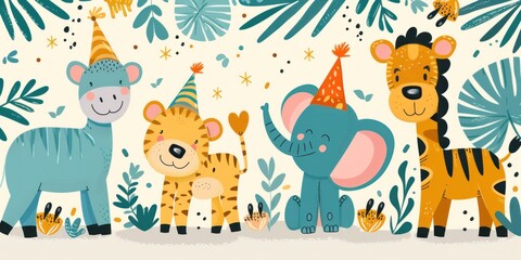 Naklejka premium Cute animals celebrating a birthday.
