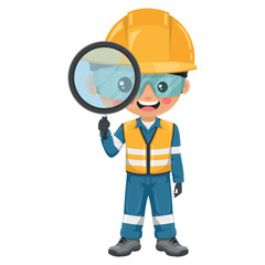 Industrial engineer looking through a magnifying glass. Concept of study and research. Supervisor with his coverall and personal protective equipment. Industrial safety and occupational health