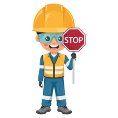 Industrial engineer dressed in reflective safety vest and helmet with stop sign. Engineer with his personal protective equipment. Safety first. Industrial safety and occupational health at work