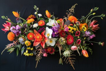 Fototapeta premium A striking and colorful bouquet of flowers viewed from above, set against a black backdrop with wide open space, showcasing the vivid colors and intricate floral composition