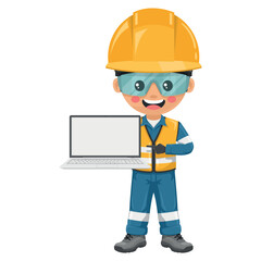 Industrial engineer with reflective vest with a laptop. Integration of technology and data analysis in the industry. Digital tools to manage, monitor and improve production processes. Safety first