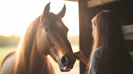Fototapeta premium Teenager bonding with their emotional support horse: A teenager grooming their emotional support horse in a stable, both appearing calm and connected, the horse providing emotional