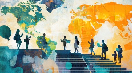 A bustling scene of global classrooms connected through online platforms, with students from different countries engaging in collaborative projects and discussions, demonstrating the power of digital