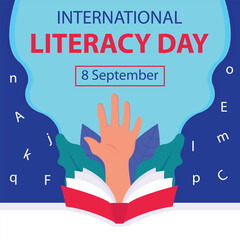 illustration vector graphic of hand comes out of the book, perfect for international day, international literacy day, celebrate, greeting card, etc.