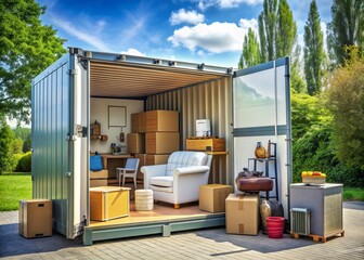 Neatly organized household items, including furniture and appliances, packed in boxes and stored inside a large container for relocation or renovation purposes.