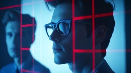 Businessman Reflecting on Data Analysis with Red Grid and Blue Background