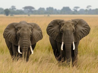 Fototapeta premium A pair of tusky elephants in grassy terrain