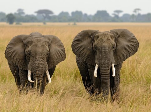 A pair of tusky elephants in grassy terrain