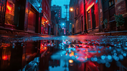 Neonlit urban alleyway reflection in puddle on rainy night