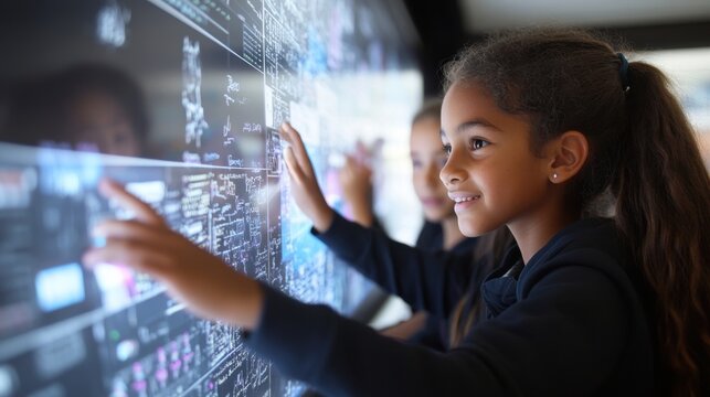 An IT lesson in a modern classroom, with students eagerly participating and a teacher explaining complex concepts on a smart board, highlighting the integration of advanced technology in education