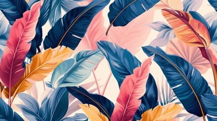 Tropical luxury exotic illustration featuring pastel colorful banana leaves and palm fronds.