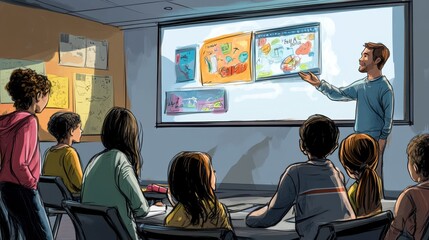 A teacher explaining a complex concept to students using a combination of whiteboard illustrations and digital presentations, demonstrating innovative teaching methods that blend traditional and