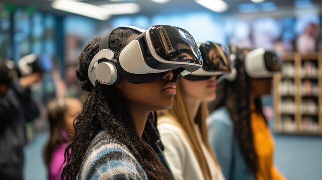 Students using VR glasses to explore a virtual library, accessing a vast array of digital resources and interactive learning materials, demonstrating the potential of virtual education to provide