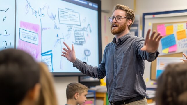 A teacher explaining a complex concept to students using a combination of whiteboard illustrations and digital presentations, demonstrating innovative teaching methods that blend traditional and
