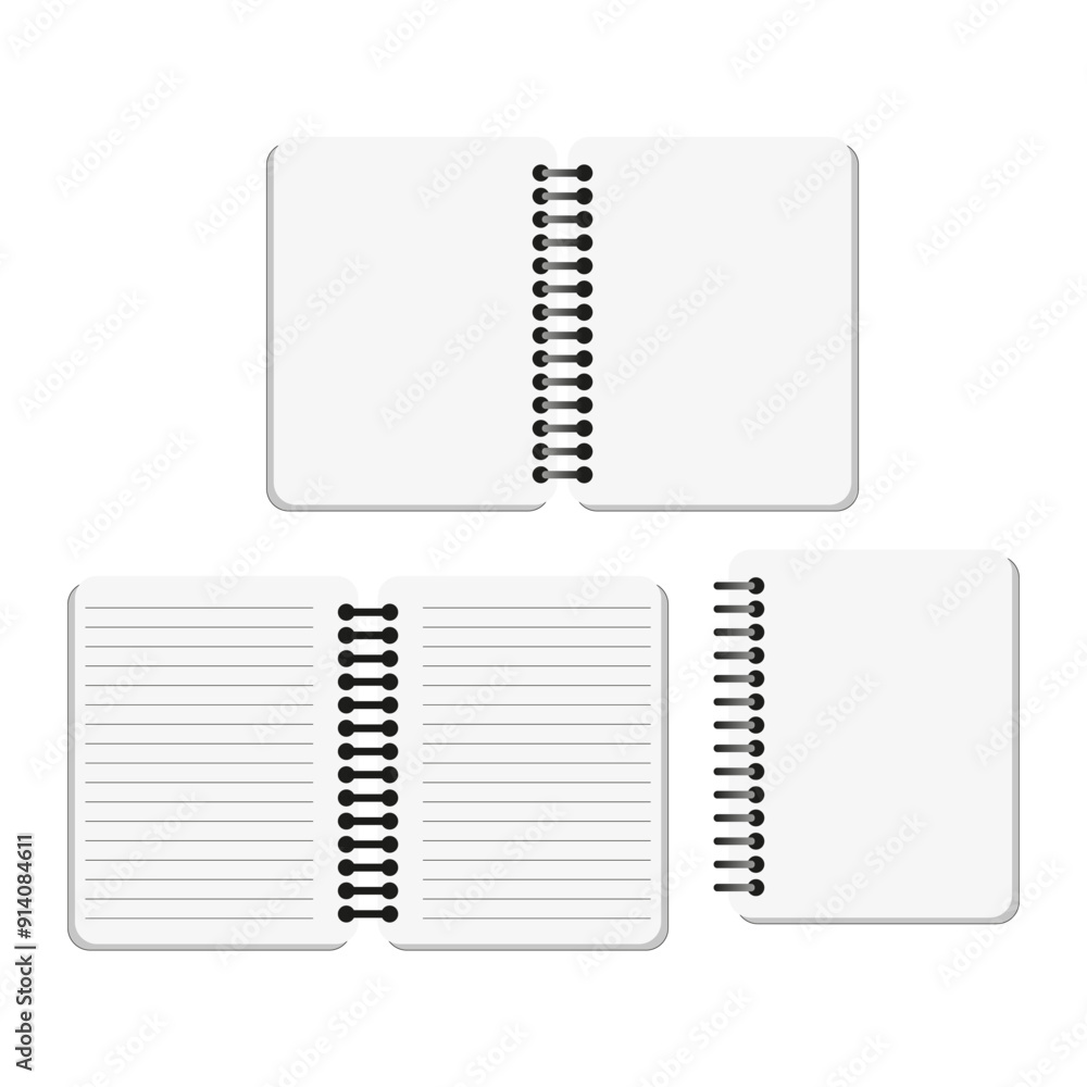 Poster notebook vector icons. open and closed. spiral binding. lined and blank.