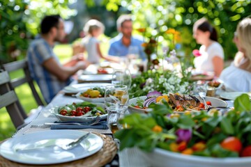 Group of friends enjoying outdoor meal at a garden party with various dishes on the table. Concepts of social gathering, summer dining, and outdoor enjoyment.