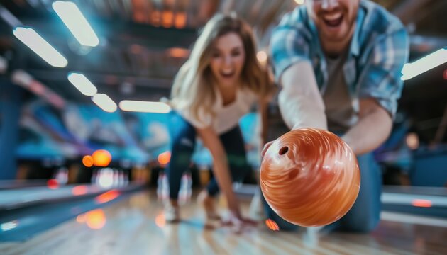 Excited couple enjoying bowling game with orange ball on lane under colorful lights. Concepts of leisure, recreation, and fun activities.