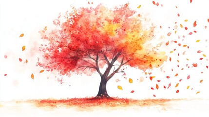 Fototapeta premium 3D Watercolor Autumn Tree - Red & Yellow Leaves Falling - Digital Art