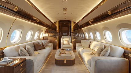 Fototapeta premium Luxurious Private Jet Interior with Plush Seating and Elegant Decor Against Blue Skies