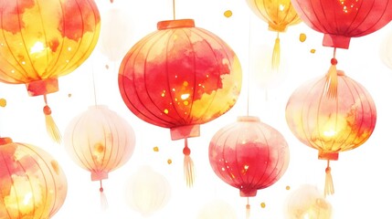 3D Watercolor Red & Yellow Glowing Lanterns - Stock Photo