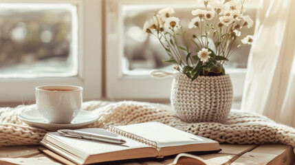 Fototapeta premium Cozy Morning Scene with Coffee, Open Notebook, and Flowers by Window. Concepts of relaxation, journaling, and peaceful moments.