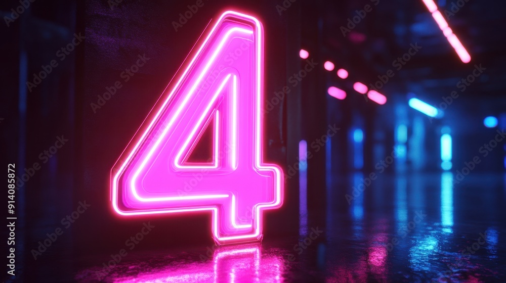 Aufkleber 3d rendering of a glowing number four in a dark environment with pink and blue neon lights.