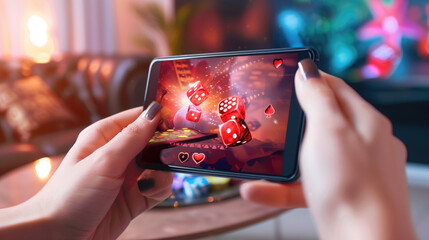 Close-up of hands holding a smartphone displaying a vibrant casino game with dice and hearts icons. Concepts of mobile gaming, entertainment, and online gambling excitement.