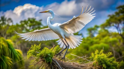 A majestic Great Egret in flight, wings outstretched, approaches its nesting site amidst a serene Florida backdrop, showcasing its elegant white plumage in April.