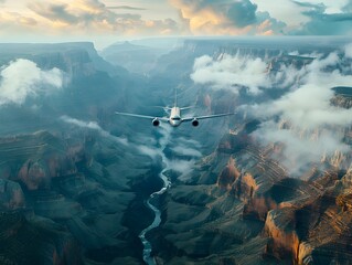 Naklejka premium Dramatic Aerial Landscape With Airplane Soaring Over Rugged Canyon