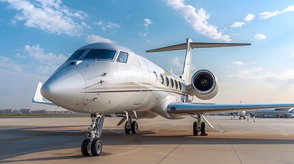 Obraz premium Luxurious Private Jet Awaiting Takeoff on Tarmac with Clear Blue Sky Backdrop
