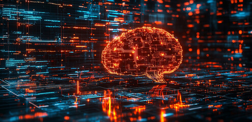 Glowing digital brain with circuit patterns on futuristic neon-lit background. Concepts of artificial intelligence, technology, data networks, and innovation.