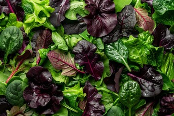 Background of salad mix leaves with rucola purple lettuce spinach frisee and chard
