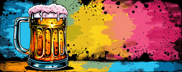 Vibrant graffiti-style beer mug overflowing with foam against a colorful abstract background. Concepts of urban art, beverage enjoyment, and creative expression.
