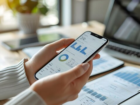 A person using a mobile budgeting app to track expenses and savings goals on their smartphone
