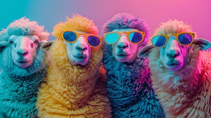 Sheep Wearing Colorful Sunglasses with colourful background.