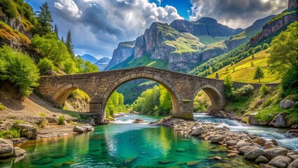 Ancient Roman arch bridge spans a serene river amidst lush greenery and rugged mountains in Ordesa Valley, a picturesque landmark along the Anso road in Spain.