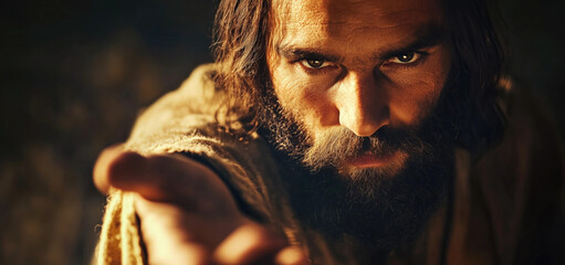 Intense Jesus with outreached hand in dramatic lighting, expressing urgency and focus. Concepts of seeking help, dramatic moments, and emotional intensity.