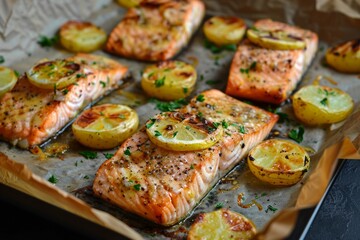 Baked salmon with potatoes and mayo on baking sheet Delicious fast food in oven
