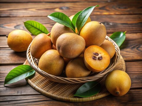 Ripe Pouteria sapota fruits arranged on a wooden table, highlighting their brown skin and creamy white interior, perfect for fresh consumption or creative desserts.
