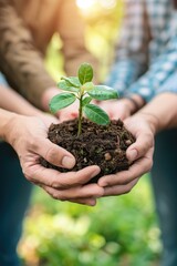 Close-up of multiple hands holding a small plant in rich soil with a green, blurred background. Concepts of teamwork, growth, environmental conservation, and sustainability.