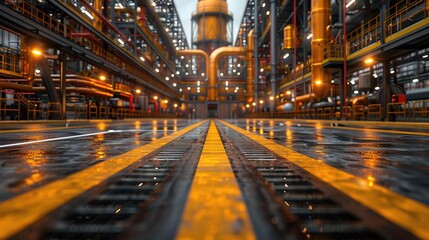 Industrial Facility with Yellow Lines and Wet Pavement